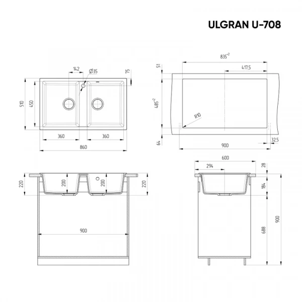 Мойка мраморная "Ulgran"  U-708-308  цвет чёрный (510*760мм)