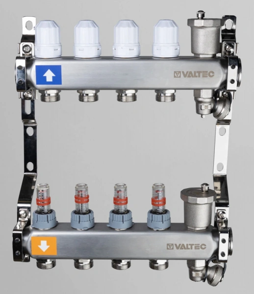 Коллекторная группа VALTEC из НЕРЖ. с регул. клап. и расх., 1"х11 вых. ЕК 3/4" (VTc.579.EMNX.0611)