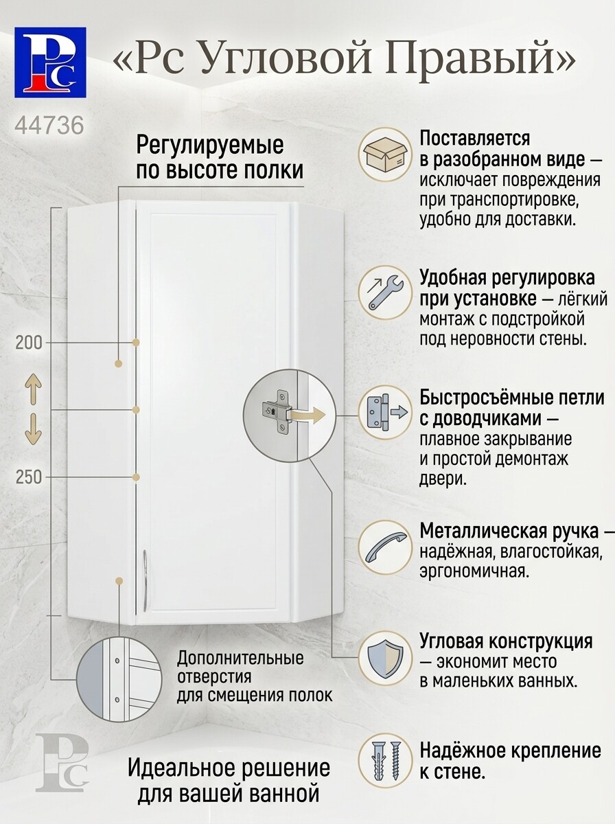 Шкаф навесной угловой "РС. Правый" Белый. Разобранный