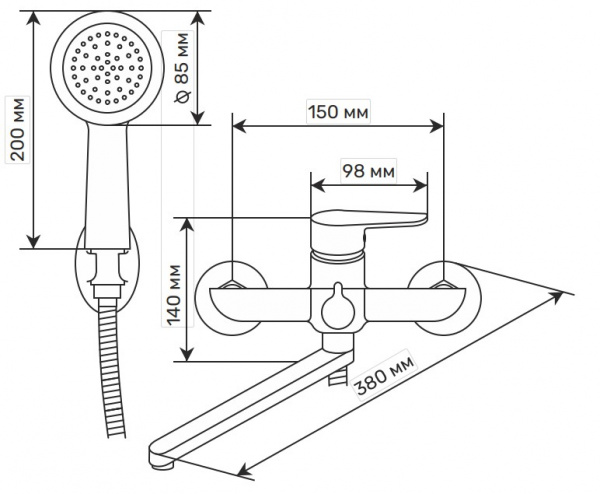 Смеситель ванна  RUSANT RV22023523-108-26K ,латунь,графит,картр. D35,излив L-обра. 35